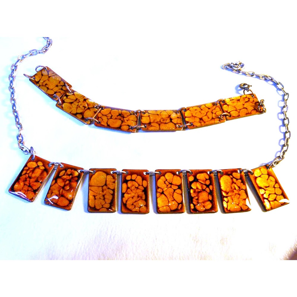 Vintage 60s Crackle‑Enamel Copper Necklace & Bracelet Set